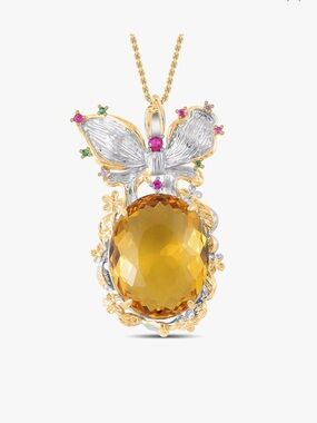 Yellow Sapphire w/ Silver Emerald and Ruby Butterfly Pendant Goldtoned Necklace